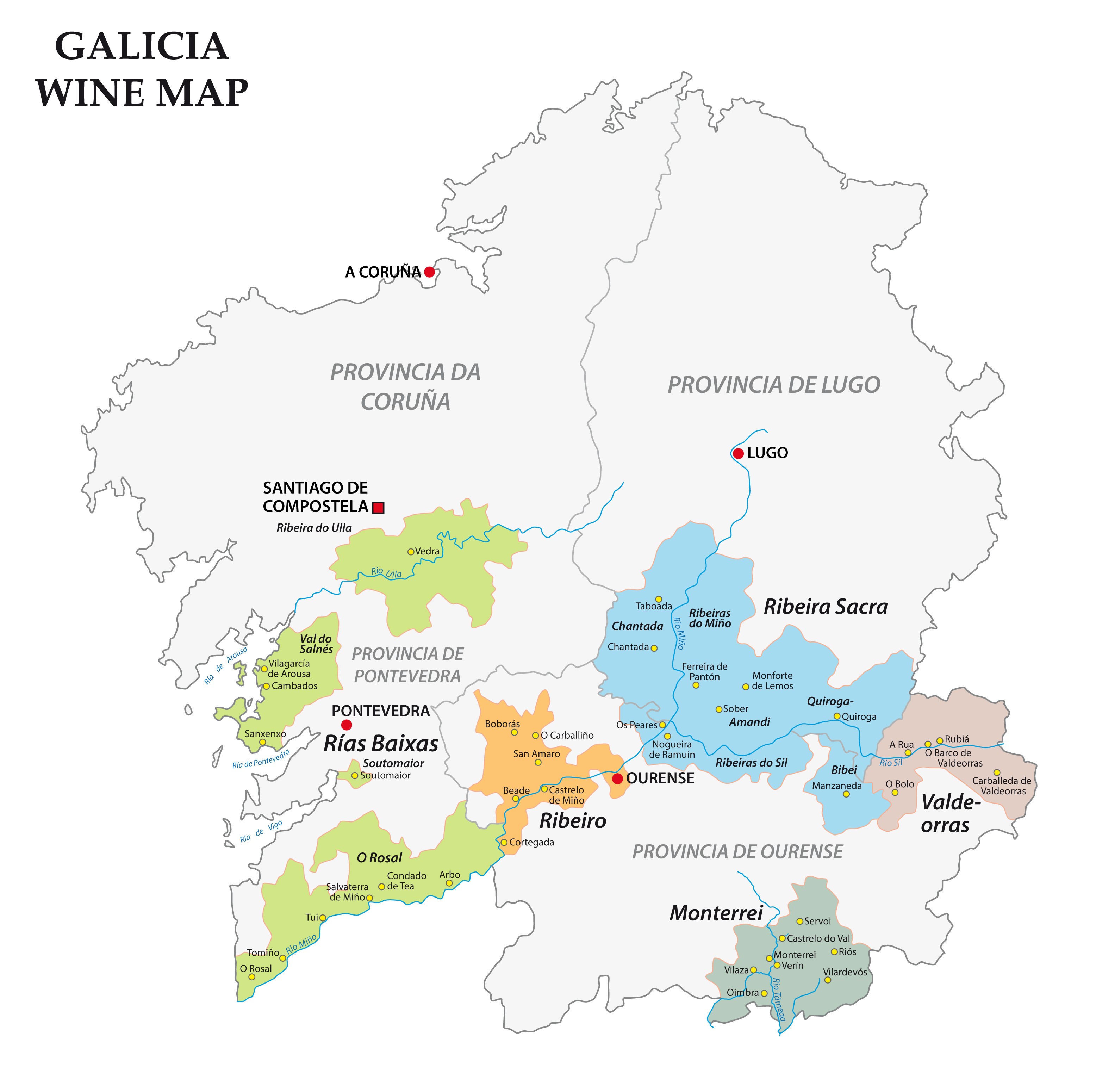 Mapa de las Denominaciones de Origen de vinos de Galicia