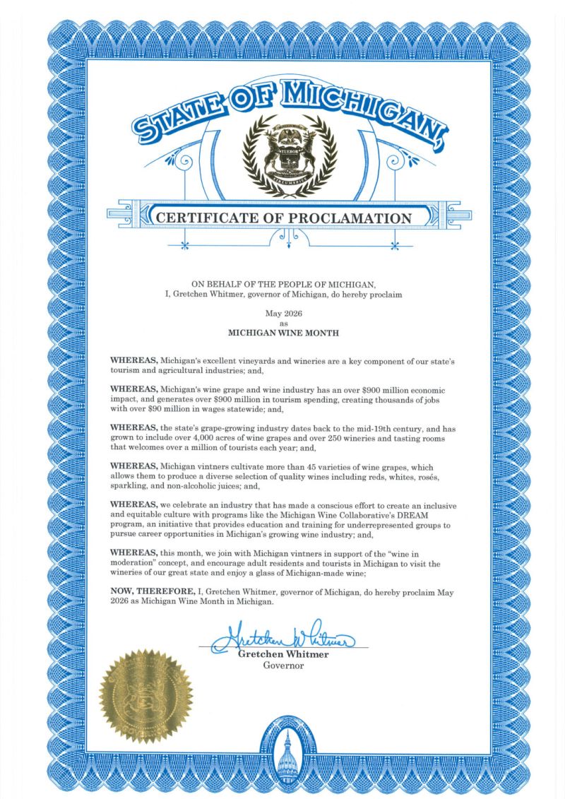 Whitmer Proclaims May 2026 Michigan Wine Month